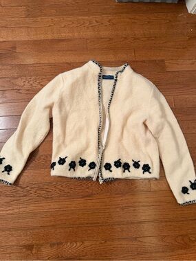Karen Scott Cream Wool Cardigan with Black Trim